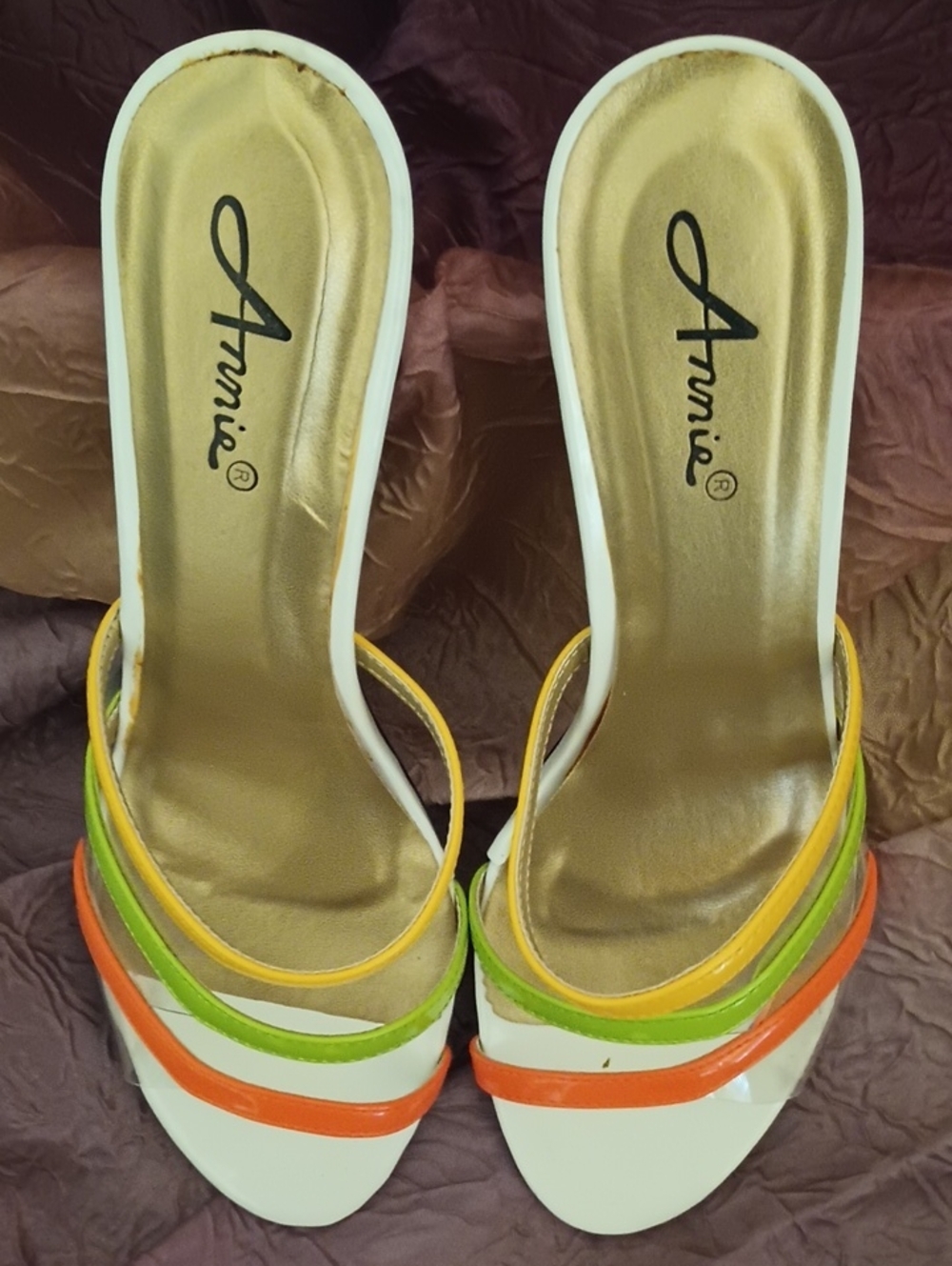 Annie White Slide Mules with Orange, Lime and Yellow Straps